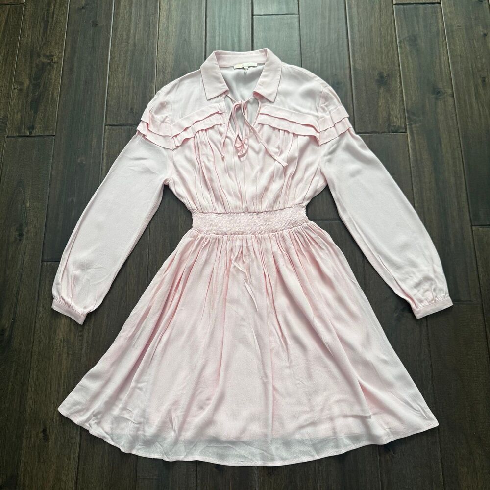 Maje Riava Ruffle Bib Dress Pale Pink Peach Tie Neck Long Sleeve Smocked Waist 2